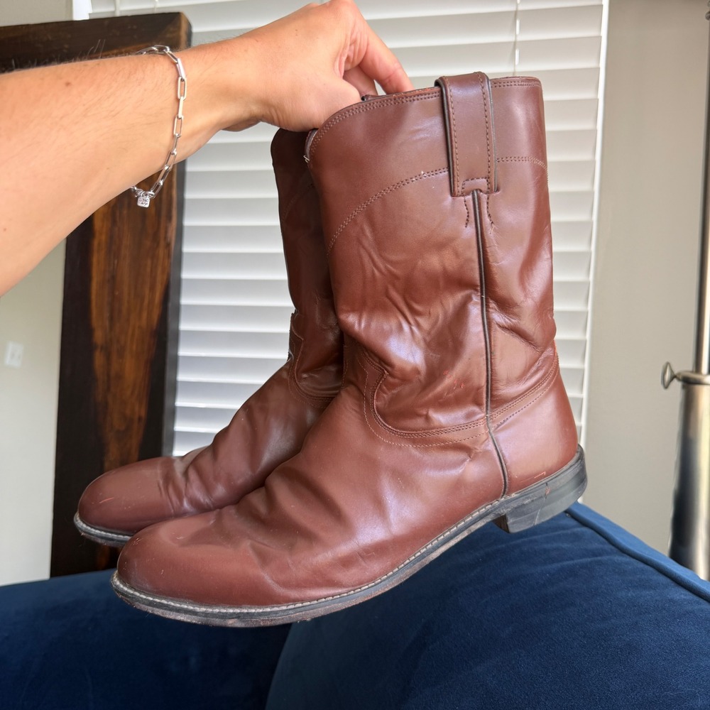 Justin Boots Roper Men's 13 EE Brown Leather Western Cowboy Pull On Boots